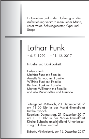 Traueranzeige von Lothar Funk von Geislinger Zeitung