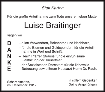 Traueranzeige von Luise Braitinger von SÜDWEST PRESSE Ausgabe Ulm/Neu-Ulm