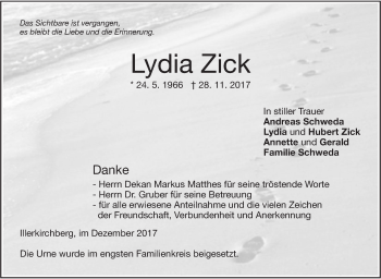 Traueranzeige von Lydia Zick von SÜDWEST PRESSE Ausgabe Ulm/Neu-Ulm