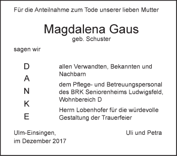 Traueranzeige von Magdalena Gaus von SÜDWEST PRESSE Ausgabe Ulm/Neu-Ulm