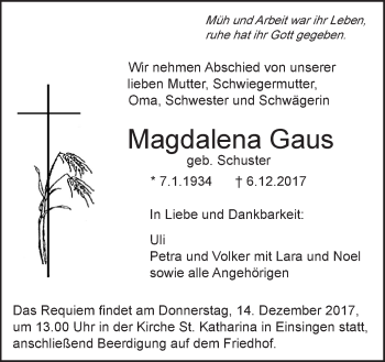 Traueranzeige von Magdalena Gaus von SÜDWEST PRESSE Ausgabe Ulm/Neu-Ulm