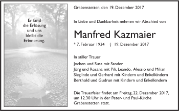 Traueranzeige von Manfred Kazmaier von Alb-Bote/Metzinger-Uracher Volksblatt