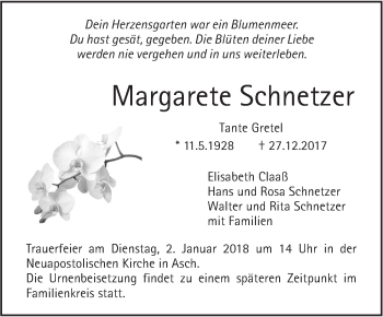 Traueranzeige von Margarete Schnetzer von SÜDWEST PRESSE Ausgabe Ulm/Neu-Ulm