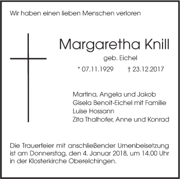 Traueranzeige von Margaretha Knill von SÜDWEST PRESSE Ausgabe Ulm/Neu-Ulm