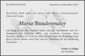 Traueranzeige von Maria Staudenmaier von Geislinger Zeitung