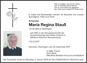 Traueranzeige von Maria Regina Stauß von Hohenzollerische Zeitung