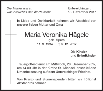 Traueranzeige von Maria Veronika Hägele von SÜDWEST PRESSE