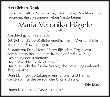 Traueranzeige von Maria Veronika Hägele von SÜDWEST PRESSE