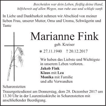 Traueranzeige von Marianne Fink von SÜDWEST PRESSE Ausgabe Ulm/Neu-Ulm