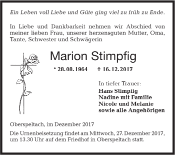 Traueranzeige von Marion Stimpfig von Hohenloher Tagblatt