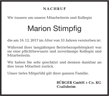 Traueranzeige von Marion Stimpfig von Hohenloher Tagblatt