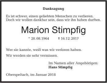 Traueranzeige von Marion Stimpfig von Hohenloher Tagblatt