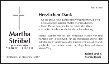 Traueranzeige von Martha Ströbel von Hohenloher Tagblatt