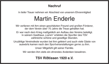 Traueranzeige von Martin Enderle von Ehinger Tagblatt