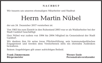 Traueranzeige von Martin Nübel von Rundschau Gaildorf