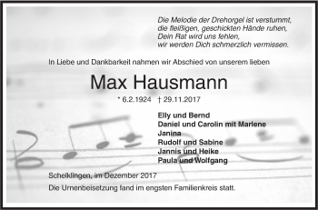 Traueranzeige von Max Hausmann von SÜDWEST PRESSE Ausgabe Ulm/Neu-Ulm