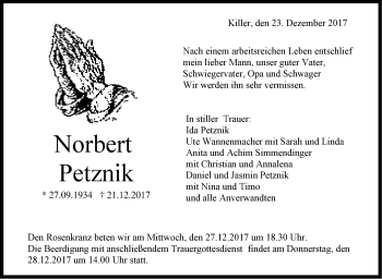 Traueranzeige von Norbert Petznik von Hohenzollerische Zeitung