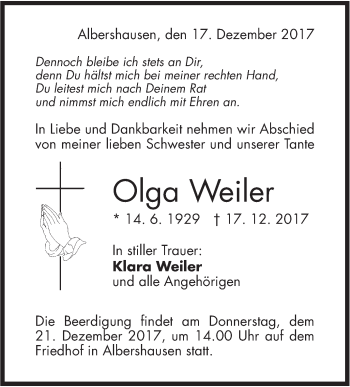 Traueranzeige von Olga Weiler von NWZ Neue Württembergische Zeitung