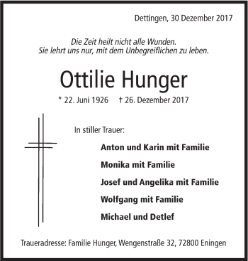 Traueranzeige von Ottilie Hunger von Metzinger-Uracher Volksblatt