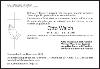 Traueranzeige von Otto Walch von Hohenloher Tagblatt