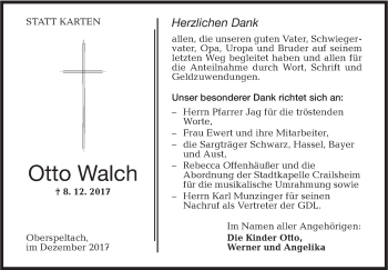 Traueranzeige von Otto Walch von Hohenloher Tagblatt