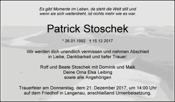 Traueranzeige von Patrick Stoschek von SÜDWEST PRESSE Ausgabe Ulm/Neu-Ulm