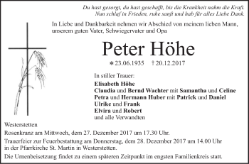 Traueranzeige von Peter Höhe von SÜDWEST PRESSE Ausgabe Ulm/Neu-Ulm