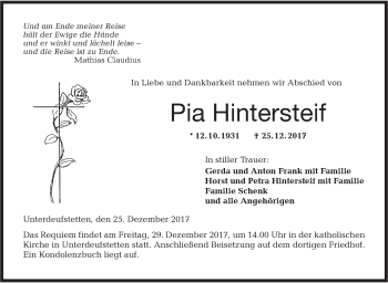 Traueranzeige von Pia Hintersteif von Hohenloher Tagblatt