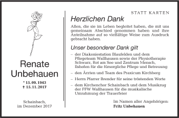 Traueranzeige von Renate Unbehauen von Hohenloher Tagblatt