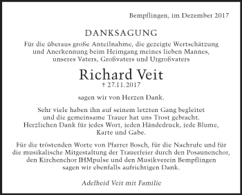 Traueranzeige von Richard Veit von SÜDWEST PRESSE