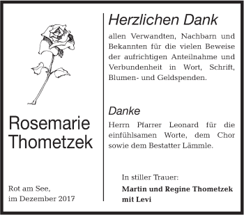 Traueranzeige von Rosemarie Thomatzek von Hohenloher Tagblatt