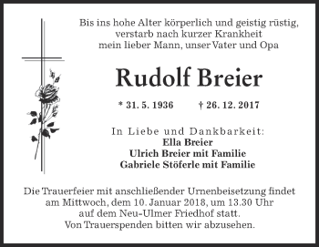 Traueranzeige von Rudolf Breier von SÜDWEST PRESSE Ausgabe Ulm/Neu-Ulm