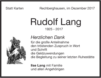 Traueranzeige von Rudolf Lang von NWZ Neue Württembergische Zeitung