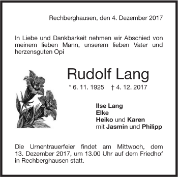 Traueranzeige von Rudolf Lang von NWZ Neue Württembergische Zeitung