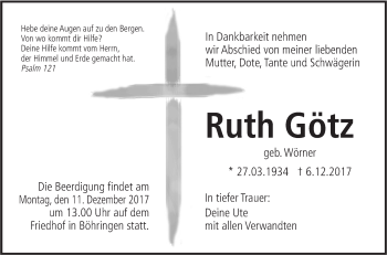 Traueranzeige von Ruth Götz von Metzinger-Uracher Volksblatt