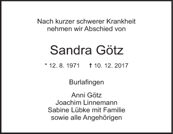 Traueranzeige von Sandra Götz von SÜDWEST PRESSE Ausgabe Ulm/Neu-Ulm