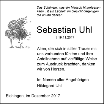 Traueranzeige von Sebastian Uhl von SÜDWEST PRESSE