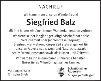 Traueranzeige von Siegfried Balz von Alb-Bote/Metzinger-Uracher Volksblatt