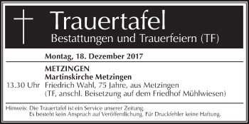 Traueranzeige von Sterbetafel vom 18.12.2017 von Metzinger-Uracher Volksblatt