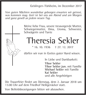 Traueranzeige von Theresia Sekler von Geislinger Zeitung