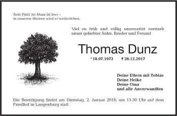 Traueranzeige von Thomas Dunz von Hohenloher Tagblatt