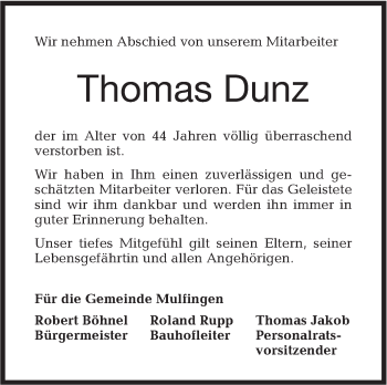 Traueranzeige von Thomas Dunz von Hohenloher Tagblatt