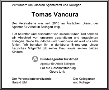 Traueranzeige von Tomas Vancura von Hohenzollerische Zeitung