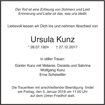 Traueranzeige von Ursula Kunz von SÜDWEST PRESSE Ausgabe Ulm/Neu-Ulm