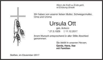 Traueranzeige von Ursula Ott von SÜDWEST PRESSE Ausgabe Ulm/Neu-Ulm