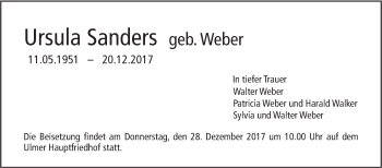 Traueranzeige von Ursula Sanders von SÜDWEST PRESSE Ausgabe Ulm/Neu-Ulm