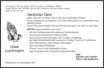 Traueranzeige von Uwe Luckmann von Hohenloher Tagblatt