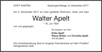 Traueranzeige von Walter Apelt von Geislinger Zeitung