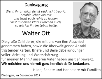 Traueranzeige von Walter Ott von SÜDWEST PRESSE Ausgabe Ulm/Neu-Ulm