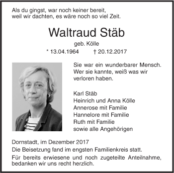 Traueranzeige von Waltraud Stäb von SÜDWEST PRESSE Ausgabe Ulm/Neu-Ulm